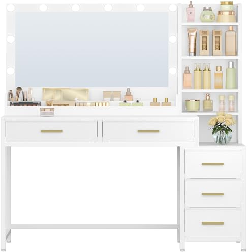HEXCELEN 130 cm Tocador de Maquillaje con Luz LED, 3 Colores, Brillo Ajustable, Tocador con Grote Espejo, Mesa de Maquillaje con 5 cajones y 5 Compartimentos Abiertos, Blanco