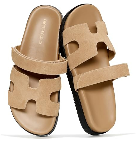 100% Genuine Leather Adjustable Slides for Women Flat Slip-On Sandals Women