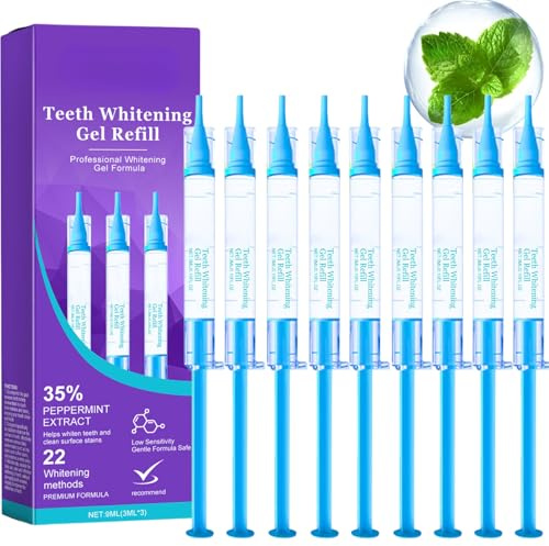 9 PCS Teeth Whitening Gel Refills 9pcs, Gentle Teeth Whitener Gels with 35% Peppermint Extract for Daily Care, Teeth Whitening Gel Sy/ringes to Brighten and Add Shine, Gentle Formula Safe, 9 * 3ml