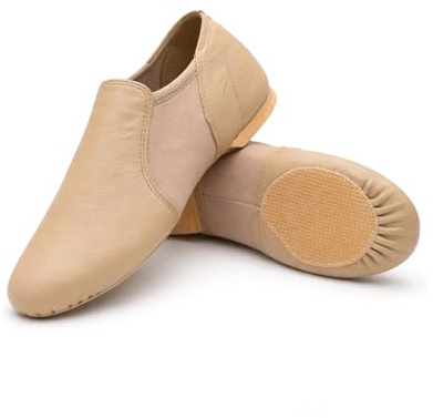 iKelpie Slip On Tan Jazz Dance Shoes – Soft Leather Split Sole, Flexible Neoprene Upper, Rubber Heel – Lightweight Modern Stage Dance Shoes for Kids & Adults Kids 6J