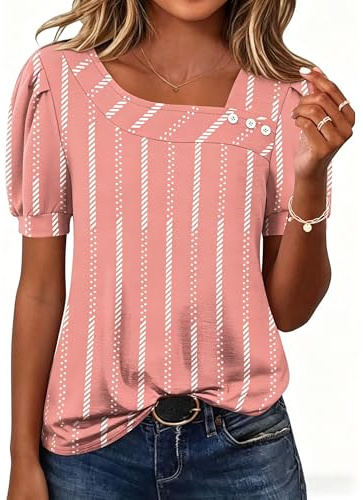 Rapbin Womens Blouse Puff Short Sleeve T-Shirt Buttons Shirt Elegant Asymmetrical Neck Tunic Ladies Top for Leggings
