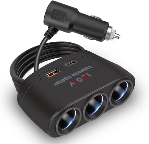 Sdoppiatore Accendisigari Auto, 120W Presa Accendisigari 12V/24V, Caricatore Auto, 5 in 1 Presa USB Auto, 3 Prese/USB3.1/PD3.1, Adatto per Telefoni Tablet GPS Dash Cam