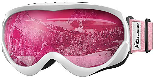 OutdoorMaster Kids Ski Goggles, Snow Goggles for Boys & Girls with 100% UV Protection (White-Pink Frame + VLT 46% Pink Lens)