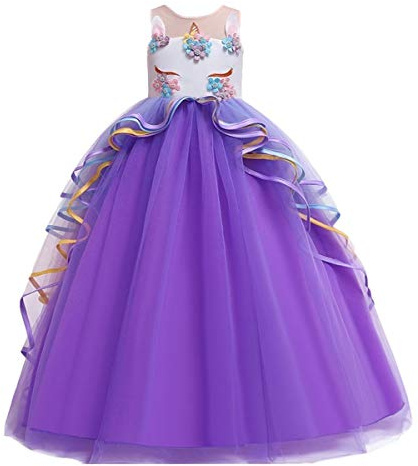 MYRISAM Princesse Fille Licorne Déguisement Robe de Anniversaire Cérémonie Soirée Halloween Carnaval Noël Fête Spectacle Mariage Longue en Tulle Robes Bal Violet 6-7