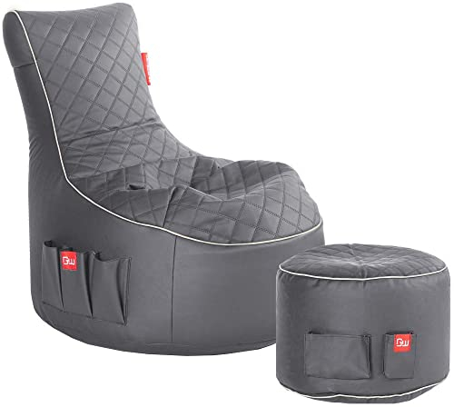 GAMEWAREZ Granite Hurricane 2.0 Bundle – Set aus Gaming-Hocker und Gaming-Sitzsack, mit Seitentasche & Headset-Halter, Kunstleder, Made in Germany, grau