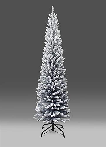 8Ft/2.4m Slim Christmas Tree Artificial Snow Flocked Frosted Pencil Tree 828 Pointed Tips, Metal Stand, Holiday Home Decorations
