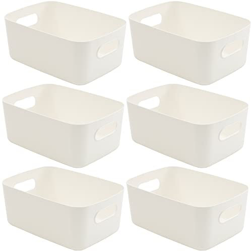 SA Products Set of 6 Storage Box | White Storage Boxes With Handle | Rectangular Plastic Storage Baskets | Stylish Cupboard Organiser For Kitchen, Home, Office and Bathroom (White)