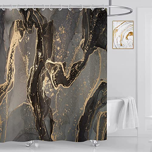 ASDCXZ Marmor Duschvorhang Schwarz Gold 180x180 cm, Modern Abstrakt Grau Schwarz Gold Marmor Optik Waschbar Bad Duschvorhänge Polyester Textil Wasserdicht Duschvorhang für Badewanne mit 12 Hake