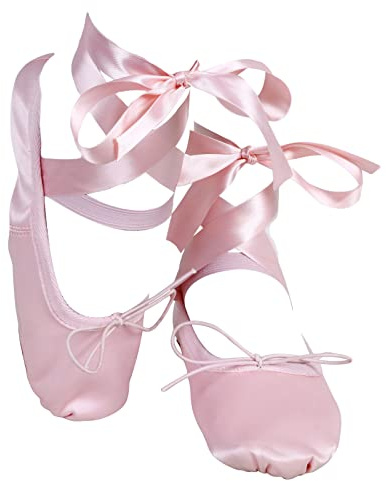 Satin Ballet Dance Shoes Full Suede Sole - Flat Slippers with Silky Ribbon Gymnastics Shoes for Child Adult Girls Women Pink