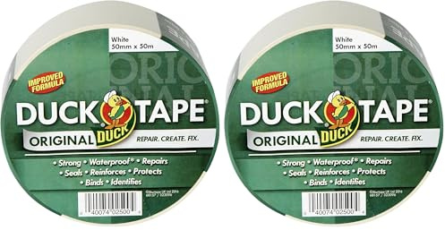 Duck Tape Original White, 50mm x 50m, Improved Formula High Strength Waterproof Gaffer and Duct Adhesive Cloth Repair Tape (Pack of 2)