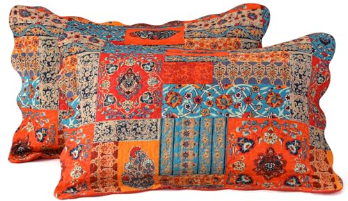 Qucover Kissenbezug 50x75cm 2er Set, Baumwolle+Mikrofaser Kissenbezüge Bunt, Boho Kopfkissenbezug 50x75cm, Kissenhülle mit Patchwork-Muster, Dekorativ Kopfkissenbezug für Sofa Schlafzimmer Wohnzimmer