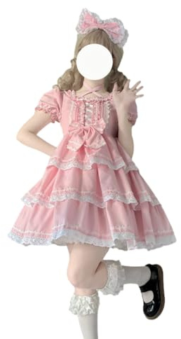 Cuteighteen Dolce Lolita Vestito Kawaii per adolescenti con maniche a sbuffo in pizzo a balze con volant principessa anime giapponese cosplay abiti da festa (rosa)