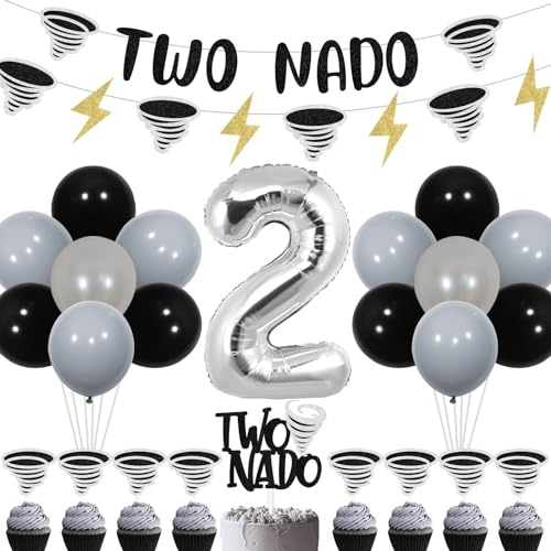 Tornado Birthday Party Decorations for Boys Girls Two Nado Banner Garland Cake Toppers Tornado 2nd Birthday Decoration Storm Weather Bday Party Supplies