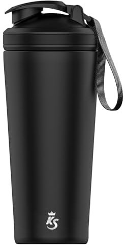 KING SHAKER Edelstahl Shaker V1 - schwarz, 750ml, auslaufsicher - Spülmaschinenfest - BPA frei - mit Mixball und Trageband