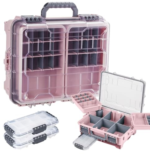 THKFISH Maletín impermeable para pesca, caja de cebos, estuche de herramientas de pesca, caja de pesca portátil con dos cajas Stowaway de 3500 y separadores extraíbles, caja de pesca en rosa/azul/gris