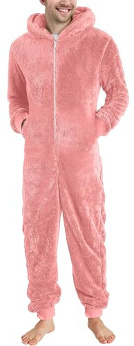 Cexiakong Jumpsuit Uomo Jumpsuit Comodo Pigiama con Cappuccio in Pile Tuta Intera Pigiama Coppia Termico Peluche Tuta Intera Termico Pigiama Tutina Biancheria da Notte Bello, W rosa., L