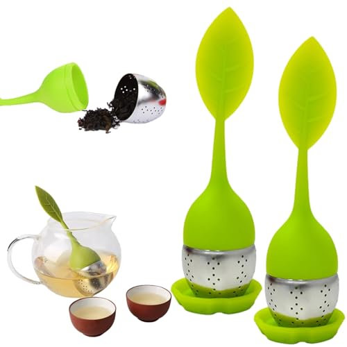 Yingjie 2 Pieces Silicone Loose Leaf Tea Strainers, Loose Leaf Tea Infuser with Silicone Handles, Drip Tray Included, Easy to Clean, Green