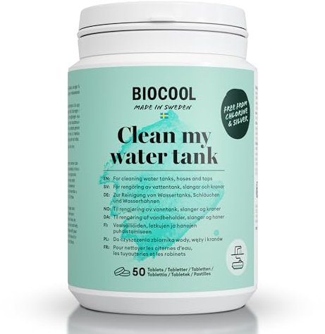 Biocool Wassertank-Reinigungstabletten für Caravan, Wohnmobil, Bootstank mit Schlauch Reinigungssysteme – löst Ablagerungen und Schmutz (50 Tabletten) – ausreichend für einen 200-Liter-Tank