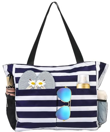 yisight Sacs de Plage Femme XXL, Sac de plage étanche, Léger Pliable avec Fermeture Éclair et Multipoches, Sac Cabas Femme pour Voyage, Vacances, Gym, Piscine (bleu)