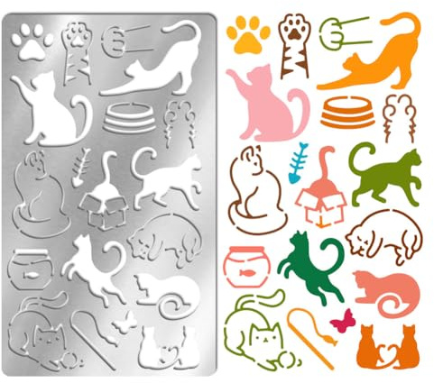 UNICRAFTALE Metallstencil med olika katter, katttassavtryck, modell rostfritt stål, schabloner för fotoalbum, återanvändbara ritschabloner för dekorativ prägling, papperskort