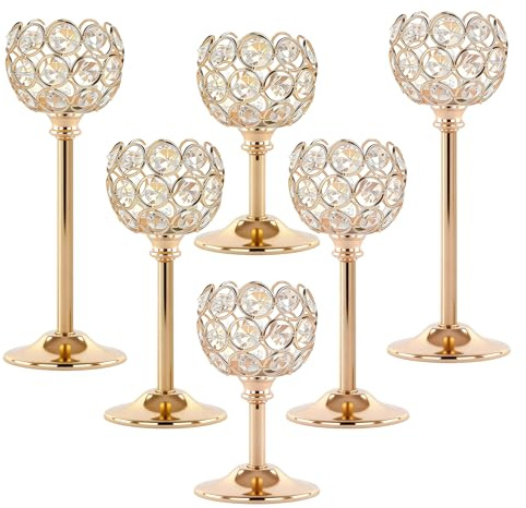 Crystal Candle Holders 2 Set of 6 - Gold Vintage Hollow Ball Candle Stand for Table Centerpiece, Crystal Metal Tealight Candlestick for Wedding, Dining Room Decor