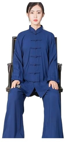 LVCHAO Costume de Tai Chi en coton doux pour femme et homme - Kung Fu Wushu - Uniforme d'arts martiaux Wing Chun - Veste pantalon pour personnes âgées et débutants - Bleu - Taille S (160 cm)