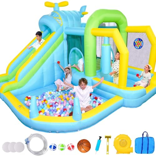 Tobogán acuático inflable para niños, con casa de juego de boxeo, soporte para piscina, escalada, pared, pistola de agua, dardo, castillo inflable con soplador de 550 W para uso en interiores y