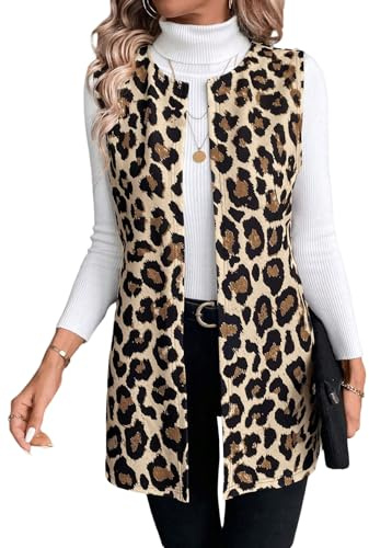 GORGLITTER Chaleco sin mangas para mujer, elegante, cuello redondo, chalecos con estampado de leopardo, chalecos informales, chalecos ligeros y abiertos, chaleco largo para otoño, Leopardo., S
