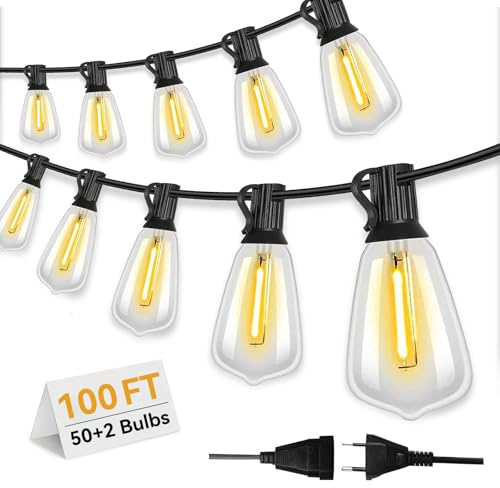 Wweixun2020 Lampade a Catena Esterno ST38 30M/100FT, 50 Lampadine LED +2 di Ricambio, Impermeabili IP44, Luce Calda 2200K, per Giardino Terrazzo Feste