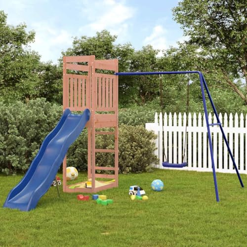 Mangloder Torre de juego de madera maciza de Douglas con tobogán ondulado, columpio y arenero para jardín, resistente a la intemperie, estructura de escalada con cuerda, escalera y barra de equilibrio
