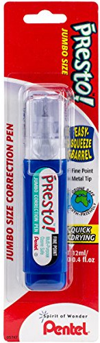 Pentel Presto! Jumbo Correction Pen, Fine Point, Metal Tip, White, 12 ml/0.4 fl.oz. 1 Pack (ZL31WBP-K6)
