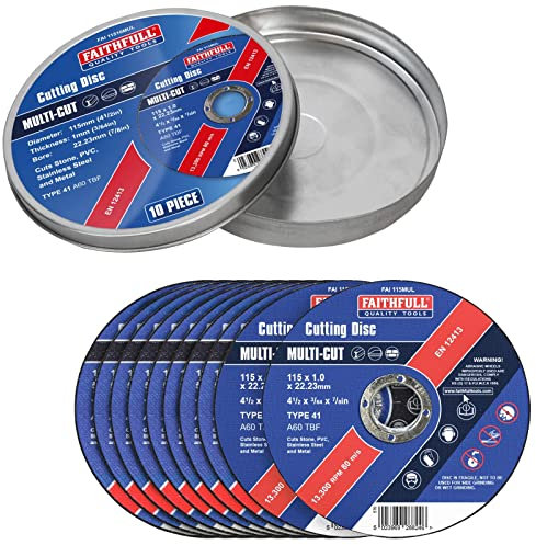 Faithfull Extra Thin 1mm Fast Cut Cutting Discs – 115mm x 1mm x 22.23mm (4.5 inch) Multi-Cut Disc, 10 Pack with Storage Tin