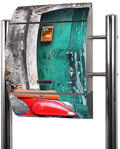 banjado® Standbriefkasten Edelstahl mit Zeitungsfach Motiv Italienischer Roller/Briefkasten Standfuß & Namensschild/Edelstahl Briefkasten/Postkasten A4 Einwurf inkl. Montagematerial & 2 Schlüssel