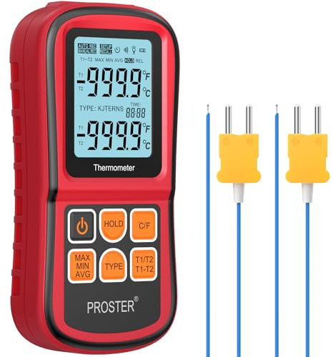 Proster digital termometer dubbelkanals termometer med två K- typ termoelement temperaturmätare med LCD-bakgrundsbelysning för K/J/T/E/R/S/N termoelement