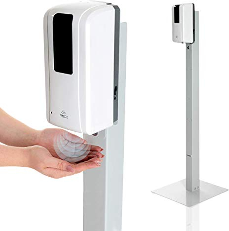 KRIEG Desinfektionssäule mit Sensor I Grau I Kontaktlos Hygienestation 1000 ml - 333 Sprühstöße I Desinfektionsstation freistehend, stabil, höhenverstellbar, automatisch I Hygienesäule Ready to go