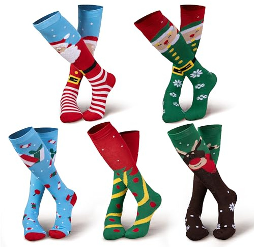JOYIN 5 par vinterstrumpor till jul, mönstrade knästrumpor för kvinnor multi färgglada strumpor, present till flickor, flerfärgad, XXS-XXL