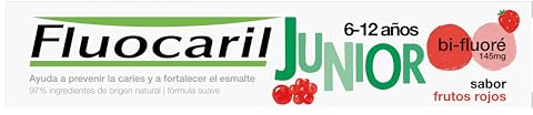 Fluocaril Junior Bi-Fluoré 145 mg Pasta Dentífrica Anticaries Sabor Frutos Rojos Esmalte Reforzado, Fortalece los primeros dientes definitivos, Eficacia Clínicamente Probada 75 ml