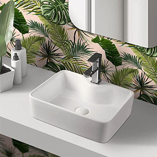 Inbagno Lavabo da appoggio Rettangolare 48x37 cm con Foro Rubinetto, Design Moderno in Ceramica Bianca Lucida