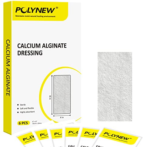 POLYNEW Calcium Alginate Wound Dressing, 4x8-6 Individual Package, Non-Stick, Soft and Flexible Highly Absorbent Wound Dressing Pads for Burns, Ulcers, Skin Abrasions, Exudate Wounds