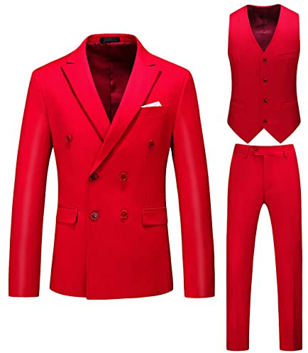 Ensemble de Costume Slim Fit 3 Pièces pour Hommes Veste Unie à Double Boutonnage Pantalon Gilet Ensembles de Blazer de Robe de Soirée de Mariage Vintage (Rouge,XL)