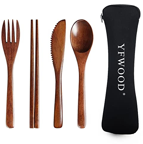 Set di posate in legno, 4 posate riutilizzabili in stile giapponese con 1 cucchiaio, 1 forchetta, 1 bacchette, 1 coltello in legno con sacchetto, posate da viaggio per cucina, casa, ufficio
