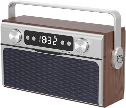 Manta Retroradio med Bluetooth 5.0 – FM-radio med 50 stationers minnesplatser – 20 W köksradio med LCD-skärm MP3 – äldre radioväckarklocka trä – klockradio digital vintage