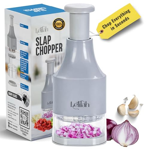 Food Chopper, Slap Chop, Handheld Veggie Chopper for Vegetable, Onion, Garlic, Nut, Hand Vegetable Cutter, Dishwasher-safe, Stainless Steel Blade, – Dishwasher Safe, Easy to Clean (Light Gray)