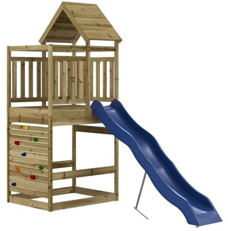 vidaXL Outdoor Playset - Impregnated Pine Wood Play Tower with Wave Slide, Rock Wall, and Sandpit - Garden Playhouse Adventure Set