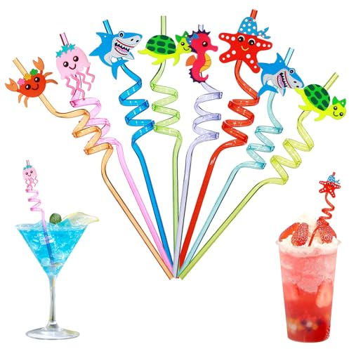 Simsky 8 Stück Strohhalm Plastik,Wiederverwendbare Trinkhalme Kunststoff Strohhalm Meerestier-Strohhalme mmer Strand Schwimmbad Party Geburtstagsdekorationen
