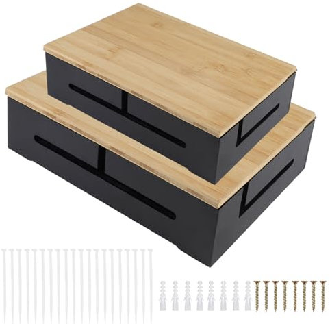 DBREAKS Kabelmanagement Box, 2 STK Kabelbox aus Holz, Kabel-Organisationsbox mit magnetischem Bambus-Deckel und Kabelbindern, Wandmontierbare Kabelbox, Kabelkasten für Cable Organizer (Schwarz)
