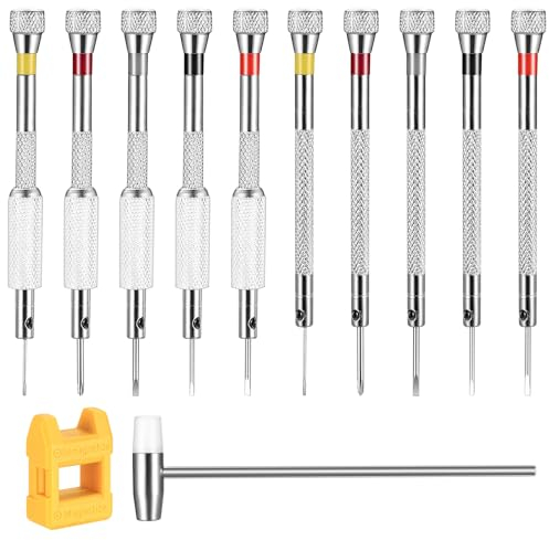 10 Stk Uhrmacher schraubendreher Set, Präzisions Schraubendreher Set, 0,6mm-2,0mm Mikro Uhren Brillen Reparatur Schraubendreher Set mit Entmagnetisierer & Hammer für Uhren Brillen Reparatur