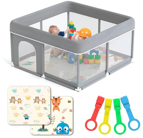 JUPPLIES Parque Infantil Bebe 120x120cm + Alfombra Bebe + 2 Agarraderas – Corralito Bebe con Malla Transpirable – Parque de Juegos Bebe Plegable con Puerta Lateral – Playpen Bebe - (Gris)