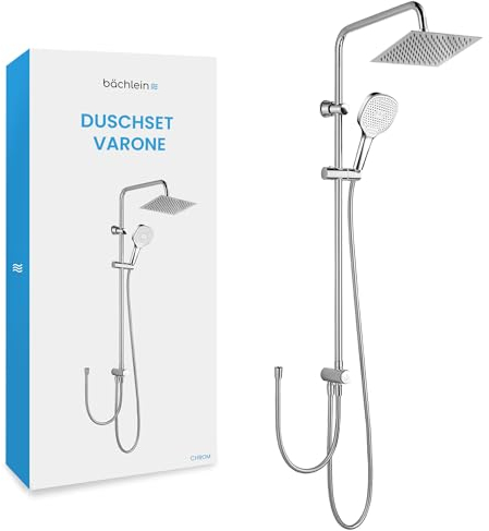 Bächlein Duschset Varone - Duschsystem ohne Armatur - Duschset aus Edelstahl und Kunststoff mit Überkopfbrause und Handbrause, Verstellbar und Hochglanzpoliert, Moderne Wellness-Regendusche (20x20cm)