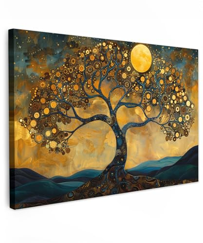 MuchoWow© Canvas Wall Art 47x31 / 120x80 cm Decor Paintings Prints framed on Canvas Decorations Wallart Tree - Moon - Flowers - Gold - Art